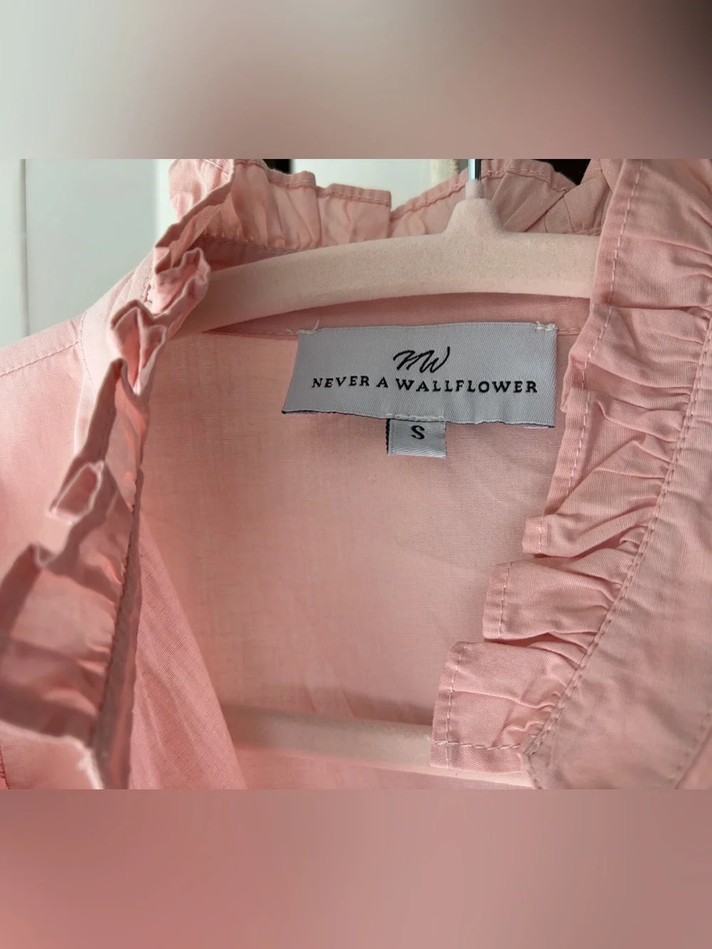 Never a Wallflower Soft Pink Cotton Ruffle Neck Babydoll Dress Feminine Sz S EUC - Picture 3 of 4